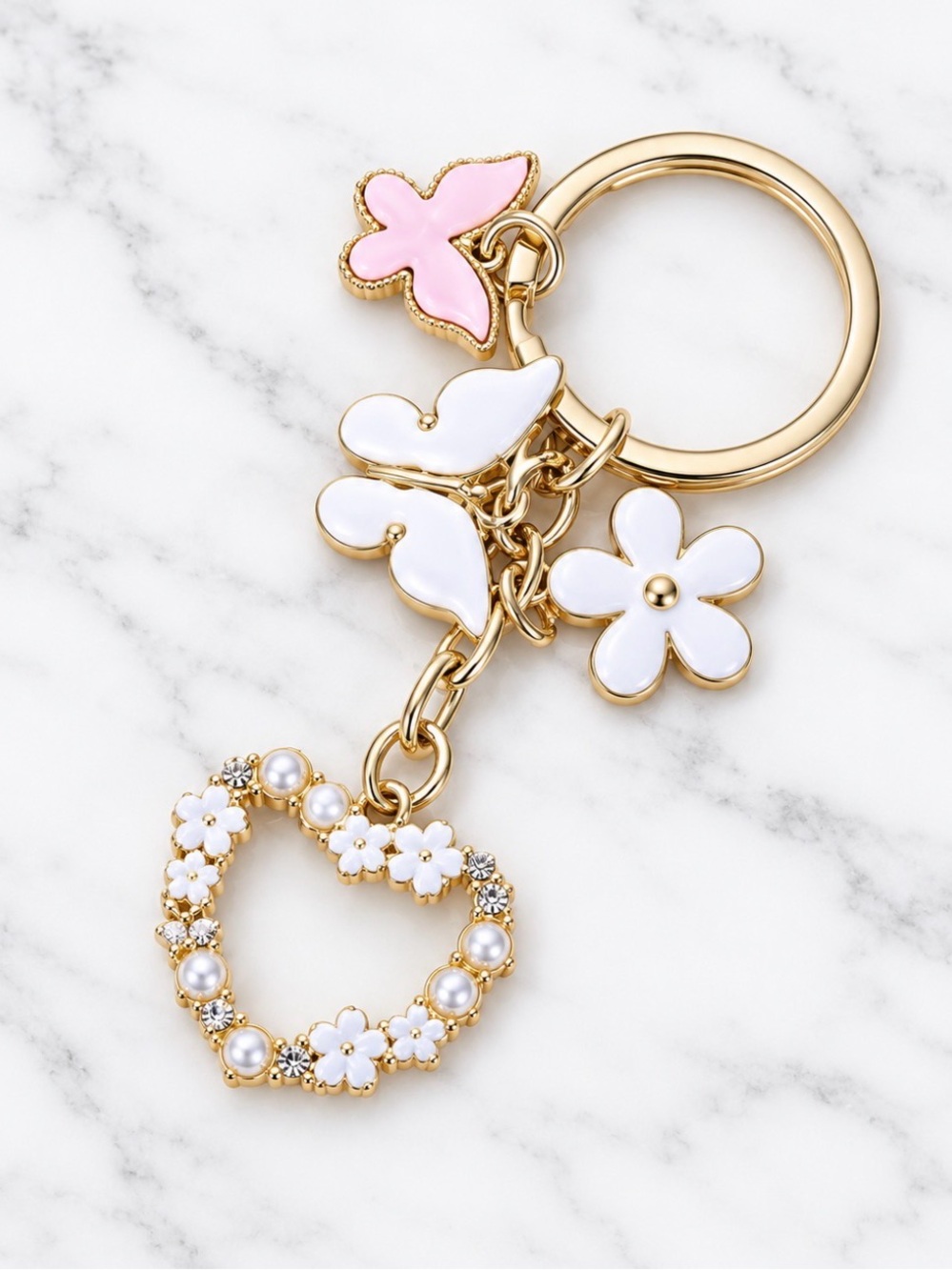 Bag Charm/Keyring-Floral Enamel Heart and Butterfly Bag charm-Gold Hardware